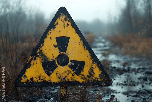 Radioactive hazard sign in a foggy abandoned landscape warning radiation danger