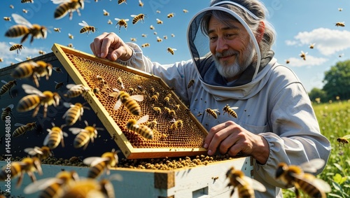 A senior Caucasian beekeeper gently inspects a honeycomb frame, surrounded by a flurry of busy bees.  The scene is bathed in warm sunlight, creating a peaceful yet active atmosphere.