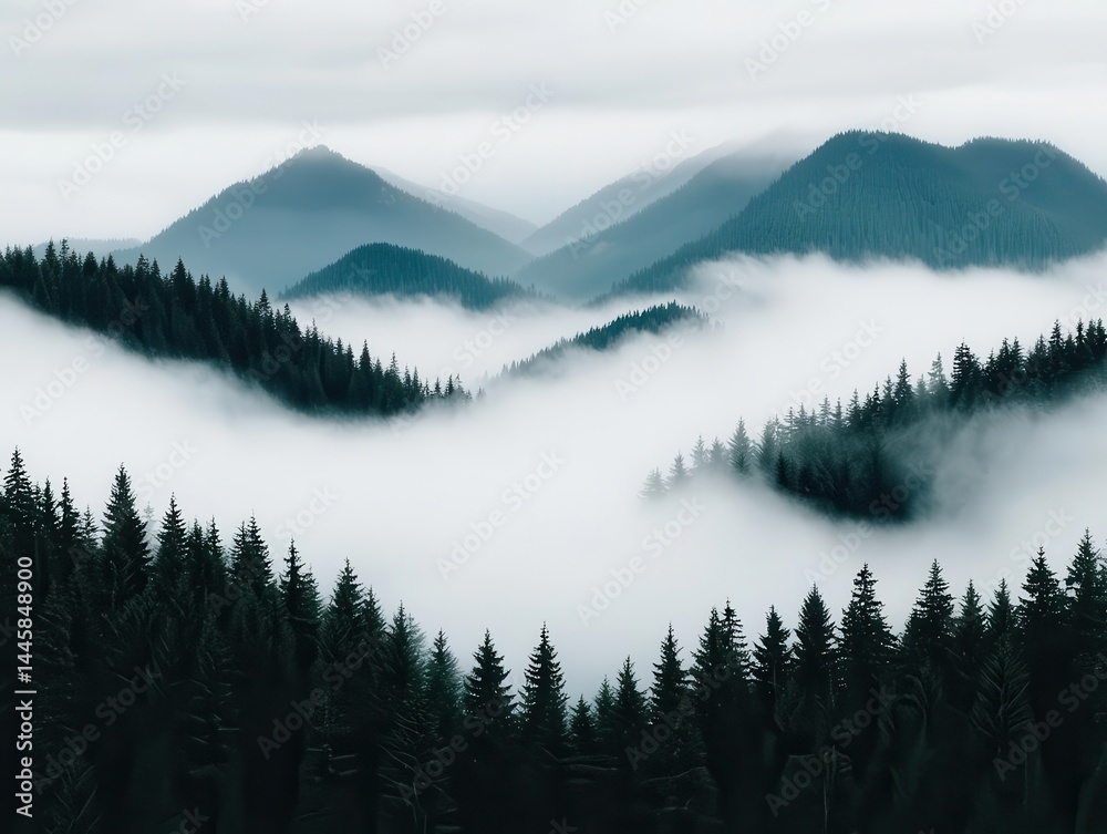 Fototapeta premium Haunting mist floating between ancient pines, dark mountain cliffs barely visible in the gloom