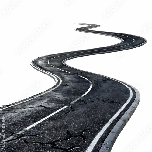 Winding Asphalt Road on White Background, Curved Pathway Design