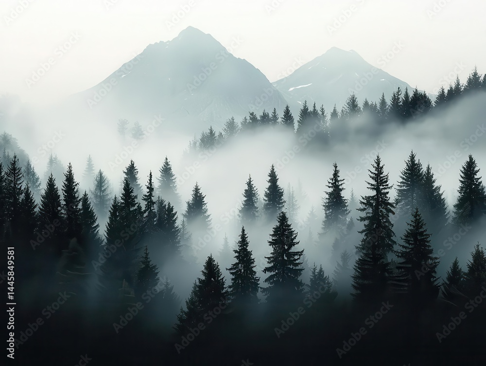 Fototapeta premium Phantomlike mist swirling through an abandoned forest, haunting mountain backdrop adding mystery