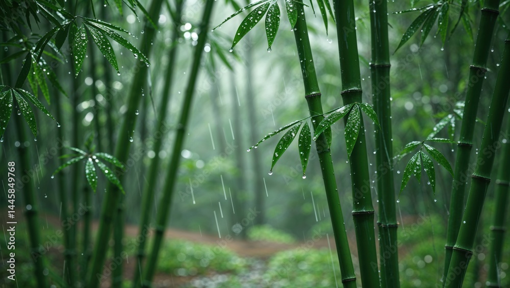 Fototapeta premium Raindrops cling to vibrant green bamboo stalks in a serene forest setting. The lush foliage and soft light create a tranquil mood.