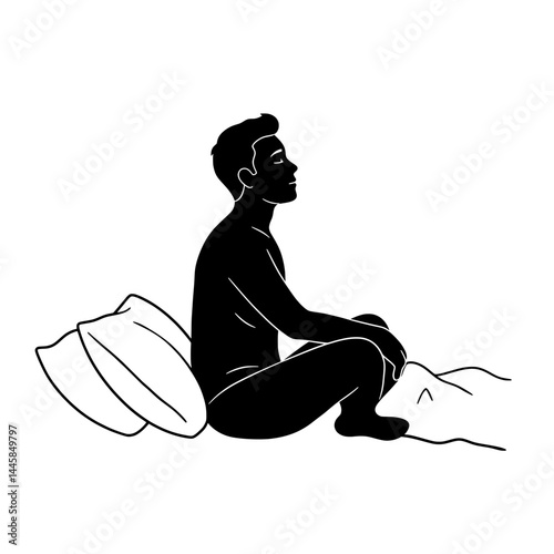 Bedtime Meditation Breathing Exercise Man Bed Vector Silhouette