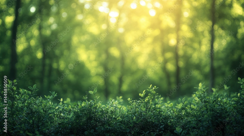 Fototapeta premium Serene Sunlight Filtering Through Lush Green Forest Canopy Tranquil Nature Scene