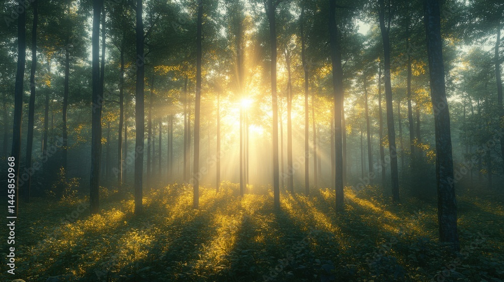 Fototapeta premium Magical Sunrise Rays Illuminating Misty Forest Path Sunbeams Through Trees