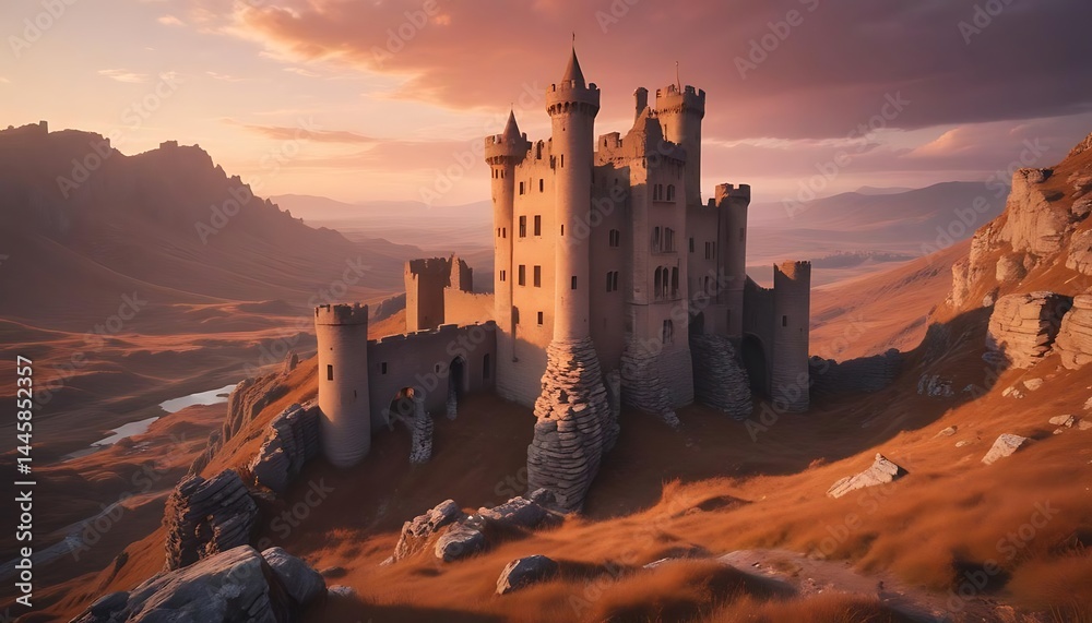 Fototapeta premium Abandoned castle ruins bathed in sunset hues in a rugged landscape, created with generative ai