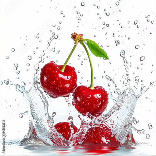 Fresh Red Cherries Splashing into Clear Water with Green Leaf