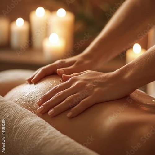 Wallpaper Mural Soothing spa massage scene with hands gently working on a relaxed back, surrounded by warm candlelight. A serene, wellness-focused moment perfect for relaxation and self-care imagery. Torontodigital.ca