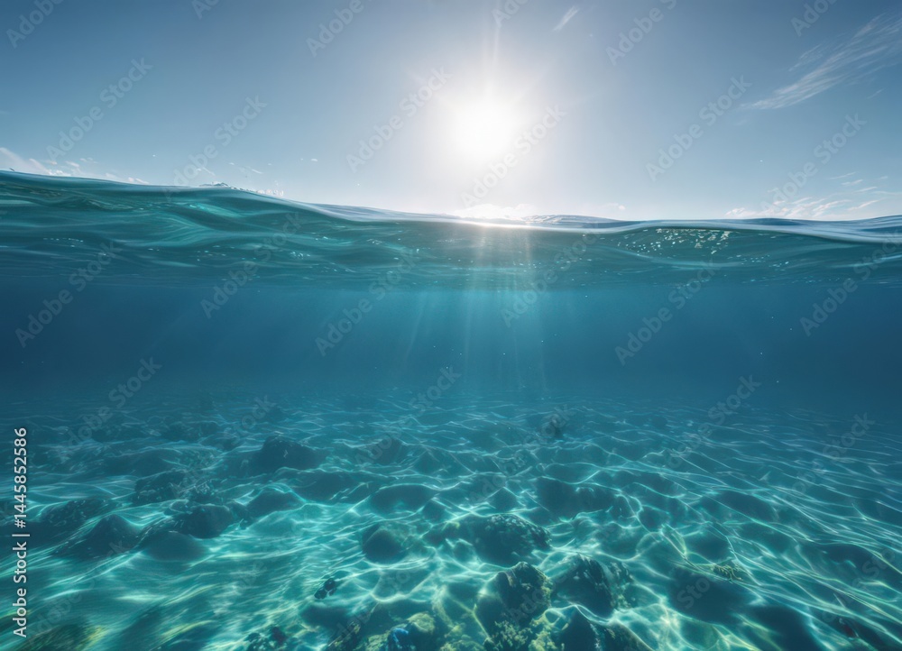 Fototapeta premium Sunlit, tranquil blue ocean surface revealing vibrant underwater scene, landscape, water