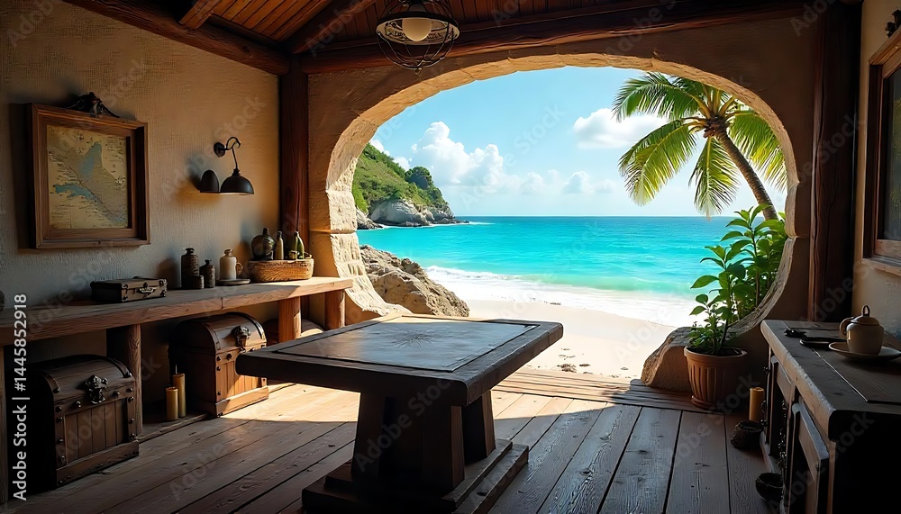 Fototapeta premium A pirate cove interior with map table, treasure chests, and stunning beach view, created with generative ai