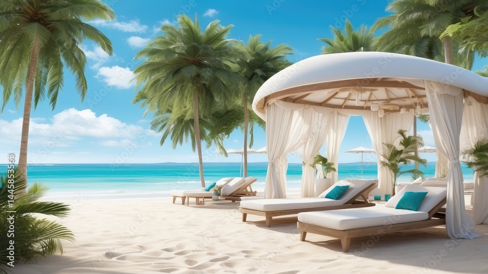 White beach cabanas with sheer white curtains, White beach cabanas with sheer white curtains,