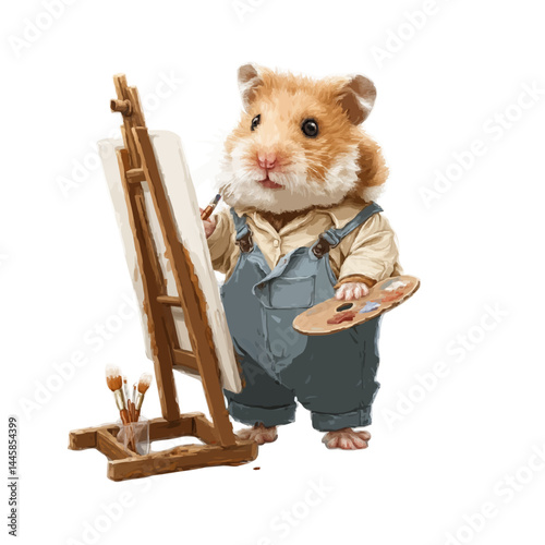 A hamster artist diligently painting on a canvas