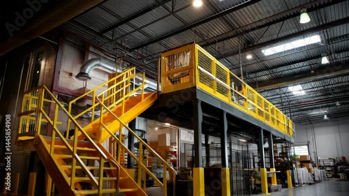 Warehouse Interior with Yellow Metal Staircase and Elevated Platform Structure in Factory Setting with Visible Ceiling and Lighting