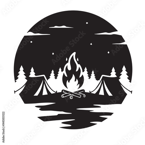 Mountainous campsite design with burning fire tent and trees for adventure shop

