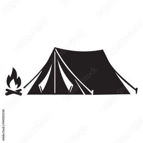 Hiking themed campsite drawing with campfire trees and mountain peaks


