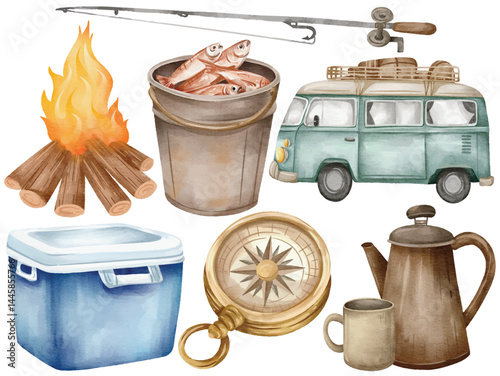 Watercolor Camping Travel Clip Art Set Hand Painted Campfire Fishing Rod Fish Bucket Compass Cooler Campervan Coffee Pot Mug Outdoor Adventure Illustration