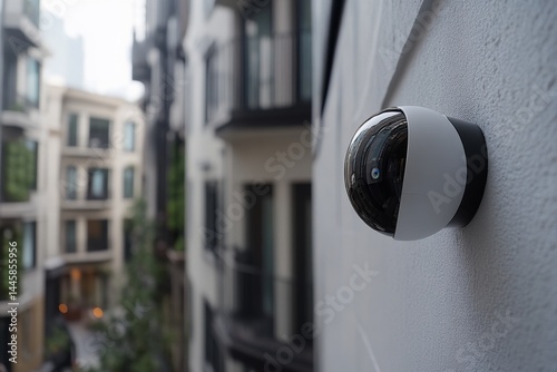 Outdoor security camera mounted on building exterior.  Modern, discreet surveillance system for property safety