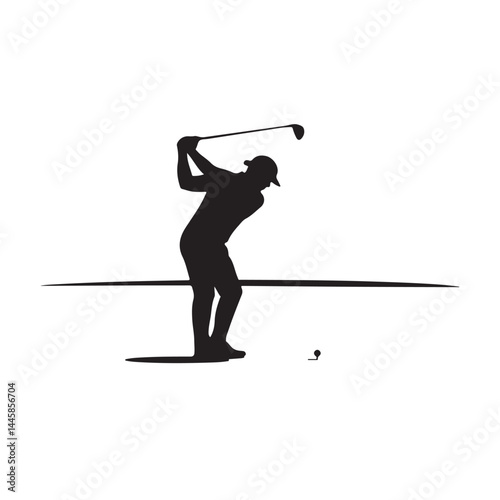 Black silhouette vector illustration of a sport golf player, a golfer hitting the ball