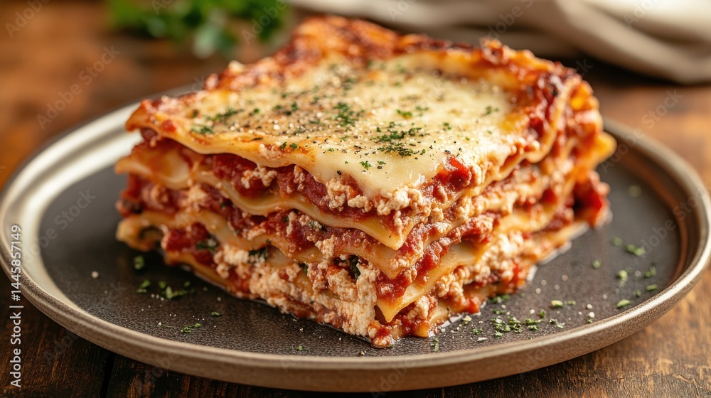 Delicious layered lasagna with cheese and herbs on rustic wooden table Delicious layered lasagna with cheese and herbs on rustic wooden table