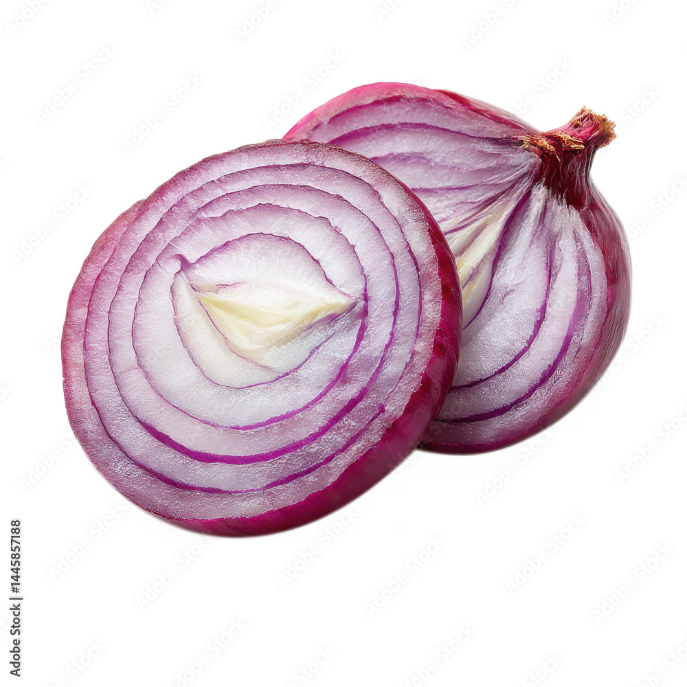 Sliced red onion close up isolated on transparent background