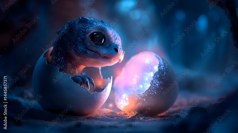 Hatching Wonder: Adorable Baby Dragon Emerging from a Fiery Egg