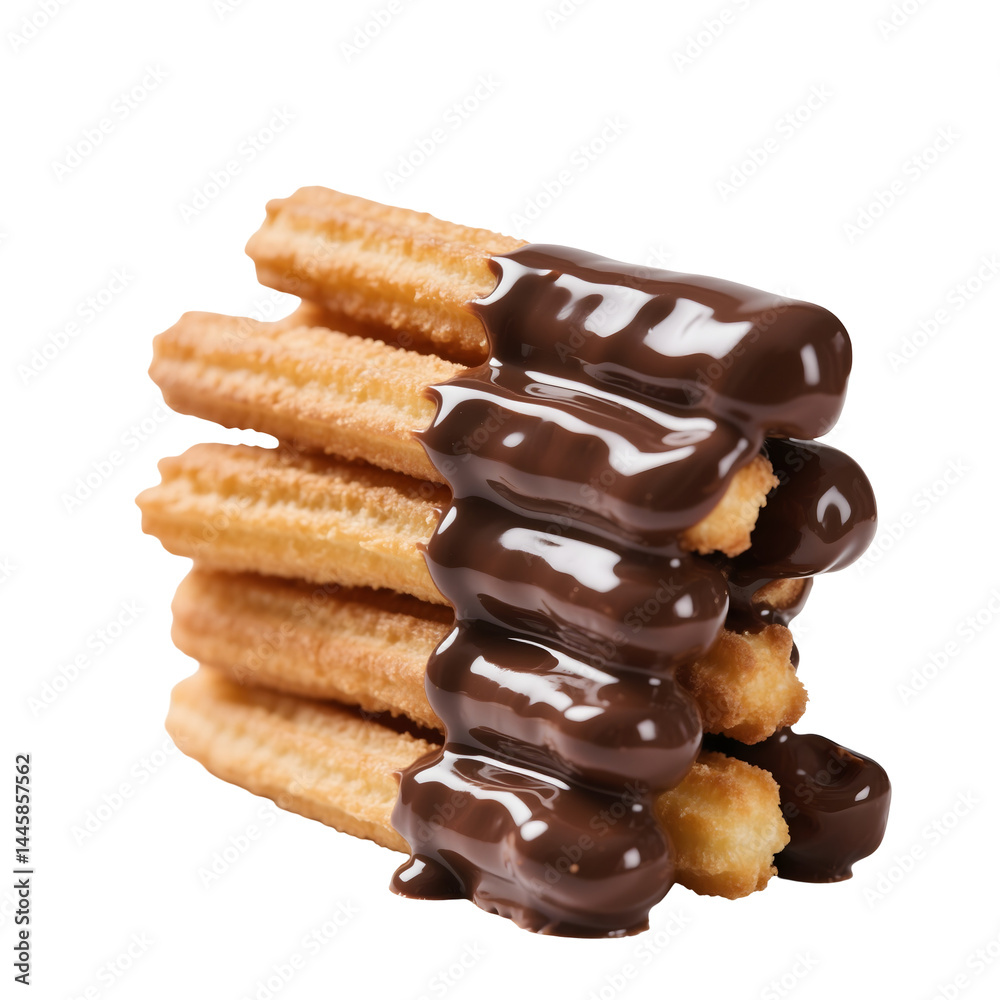 Glossy churros dipped halfway in chocolate glaze, stacked casually on clean Glossy churros dipped halfway in chocolate glaze, stacked casually on clean