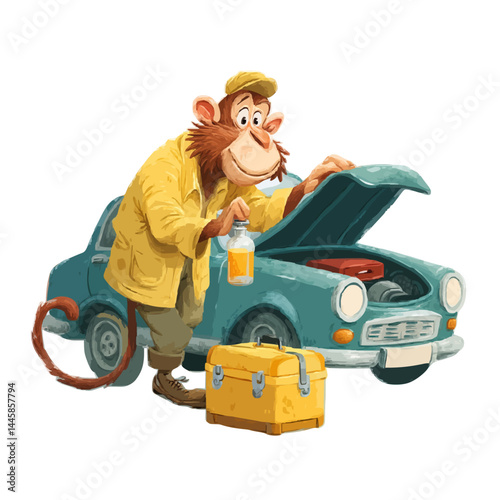 Monkey mechanic and his car 