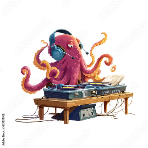 An octopus DJ playing music with headphone