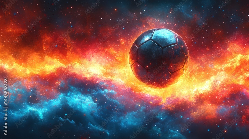 Fototapeta premium Fiery soccer ball in cosmic nebula