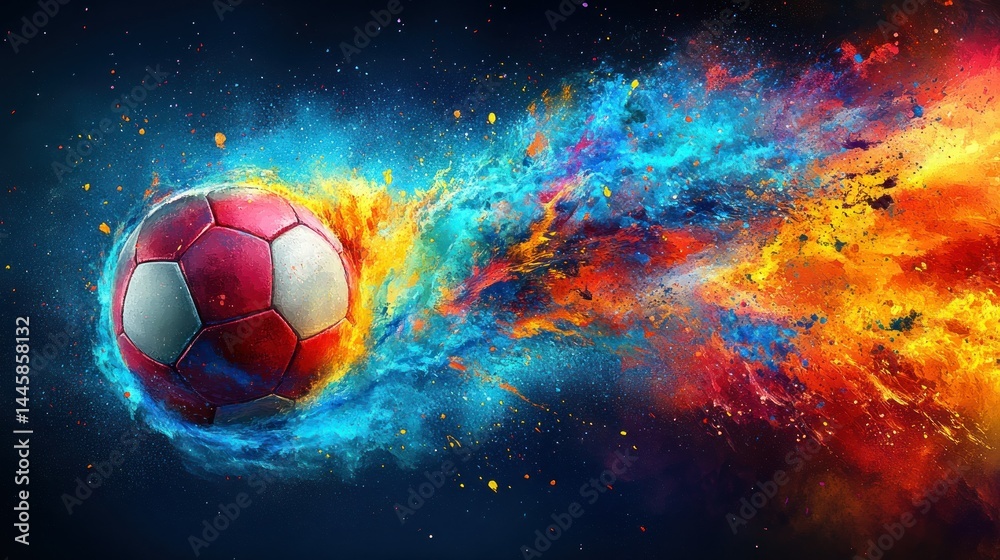 Fototapeta premium Fiery soccer ball in cosmic explosion