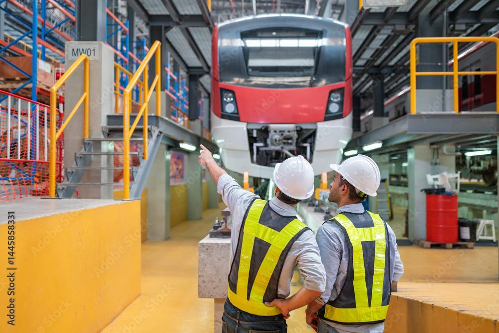 Train Engineers Discussing Maintenance in Depot Train Engineers Discussing Maintenance in Depot