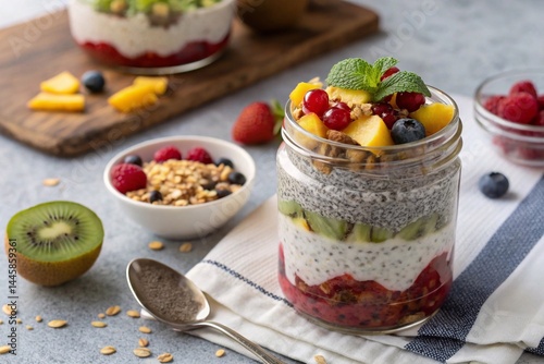 Chia seeds with fruit and yogurt in a glass jar. An appetizing dessert made with chia seeds, layers of yogurt and fresh fruits (berries, kiwi, mango) in a transparent glass jar.