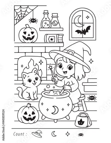 Printable Halloween coloring page witch with cauldron, school kids class activity, waiting room fun