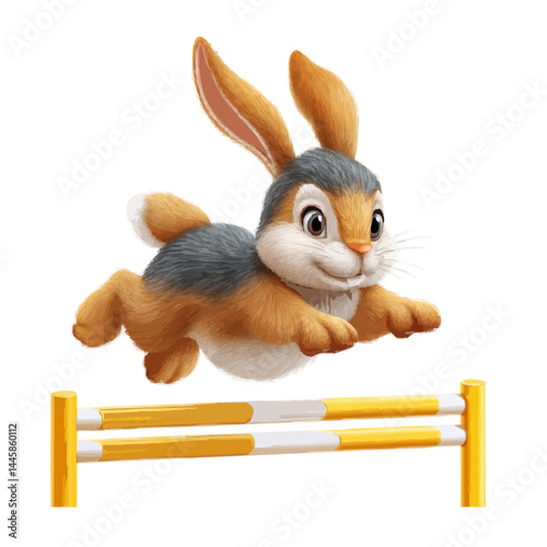 A cute bunny jumping over a hurdle 