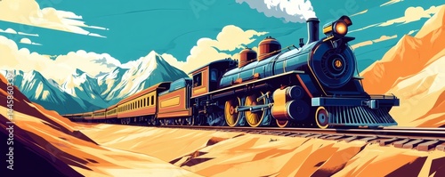 An old steam train travels through mountains and the landscape