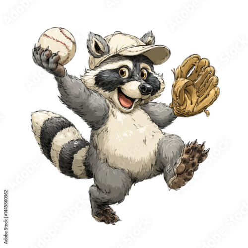 A playful raccoon ready for baseball game