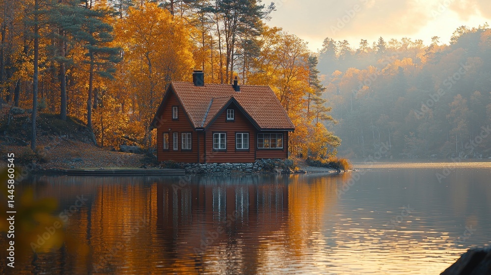 Fototapeta premium Rustic cabin nestled on a serene lake shore, framed by autumn foliage