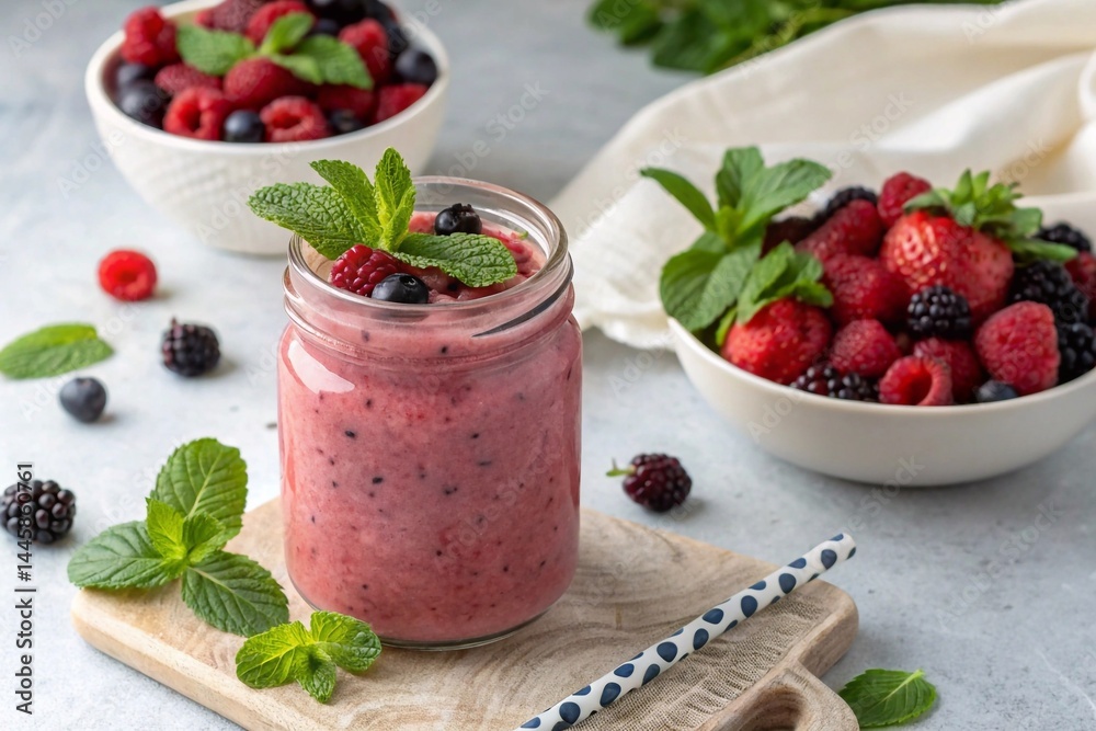 Healthy lifestyle. Smoothie with berries and mint in a glass jar. Close-up of a delicious berry smoothie, decorated with fresh mint and berries, in a glass jar on a light background. Healthy lifestyle. Smoothie with berries and mint in a glass jar. Close-up of a delicious berry smoothie, decorated with fresh mint and berries, in a glass jar on a light background.