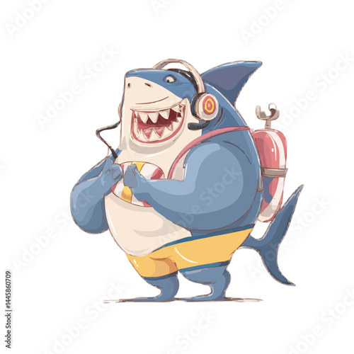 An adorable cartoon shark wearing headphones and life vest