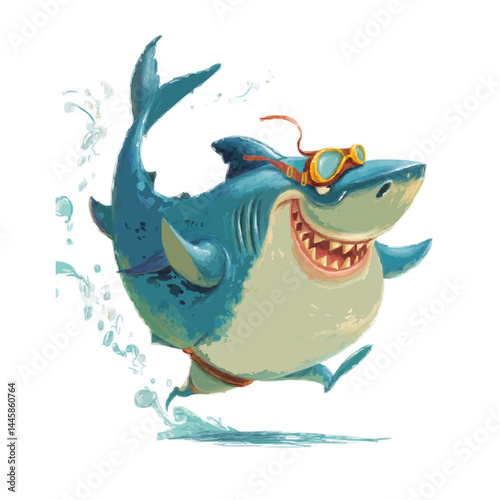 A happy shark wearing glasses running happily in the water