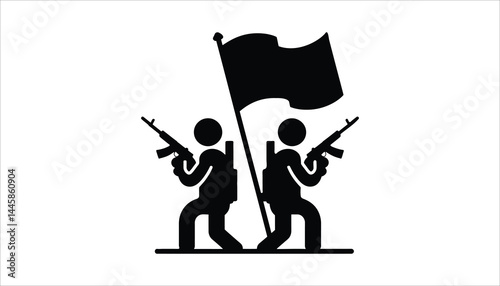 Soldiers with Flag Silhouette – Military Combat and Patriotism Vector Illustration