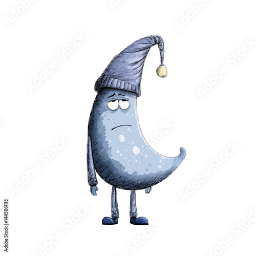 A cartoon of the moon personified and looking sleepy