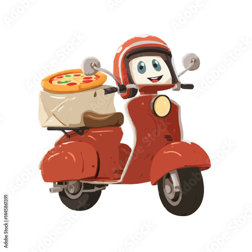 A cartoon scooter driver delivering pizza