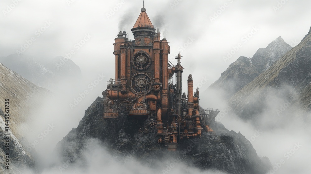 Fototapeta premium Steampunk Castle on Misty Mountain Peak