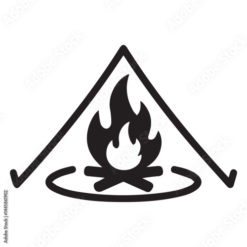 Silhouette camping scene with bonfire tent and pine trees in nature environment

