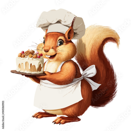 A charming squirrel chef with a cake in his hands