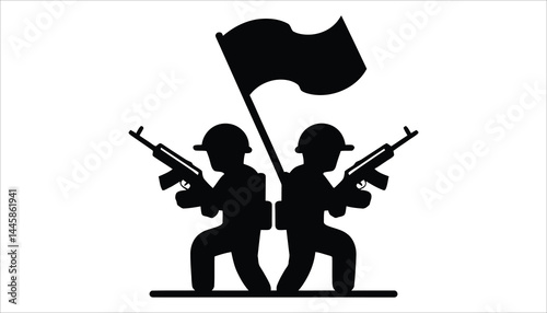 Soldiers with Flag Silhouette – Military Combat and Patriotism Vector Illustration
