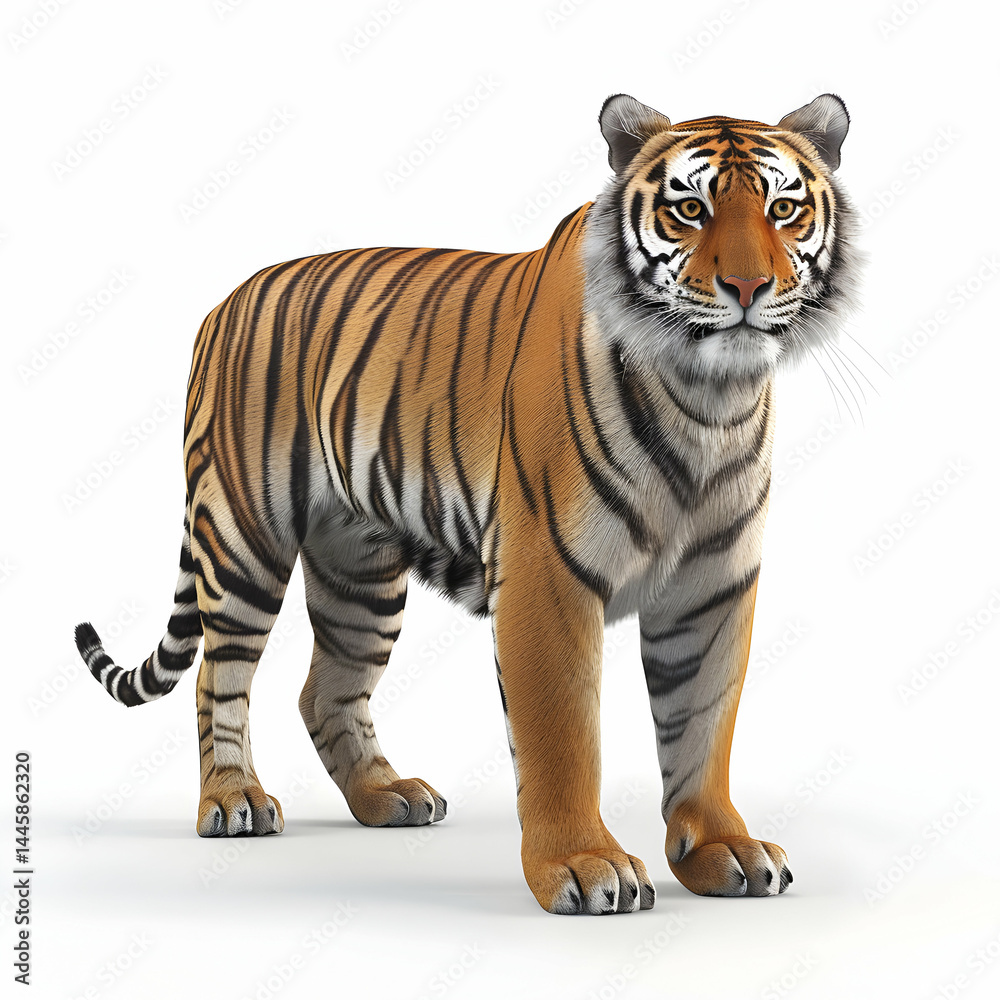 Obraz premium Majestic tiger standing confidently in lifelike pose with vivid stripes