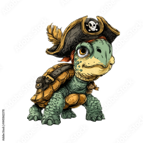 A charming illustration of a pirate turtle wearing a hat 