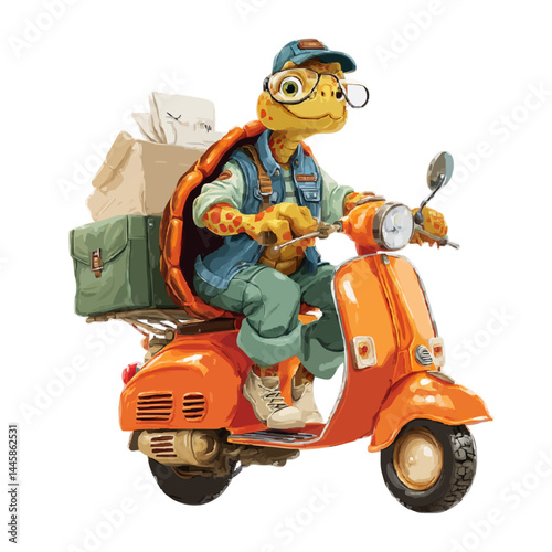 Turtle character courier on a scooter delivering packages